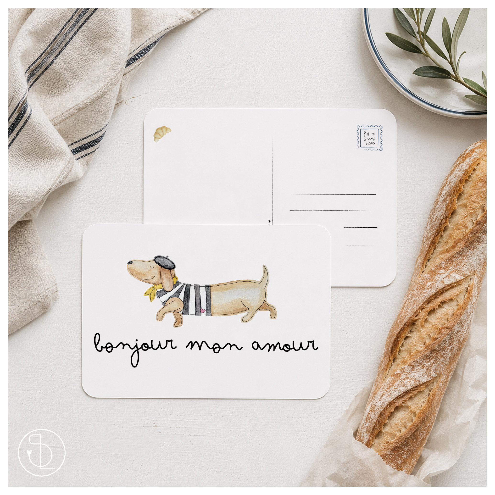 Postkarte Dackel bonjour mon amour